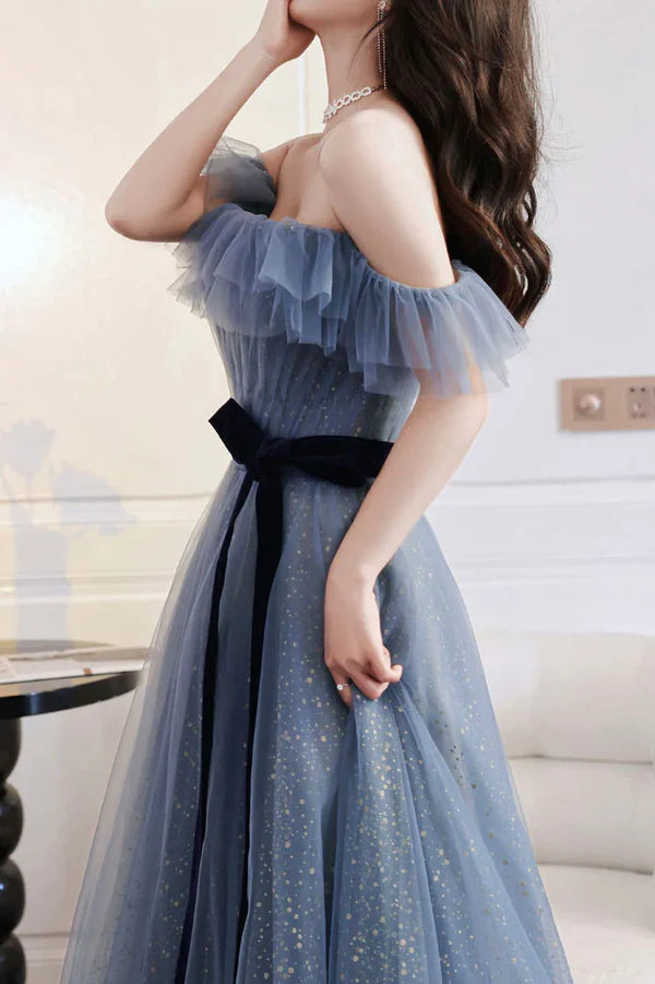 Blue Tulle Off Shoulder Long Formal Dress with Bow A-Line Evening Gown