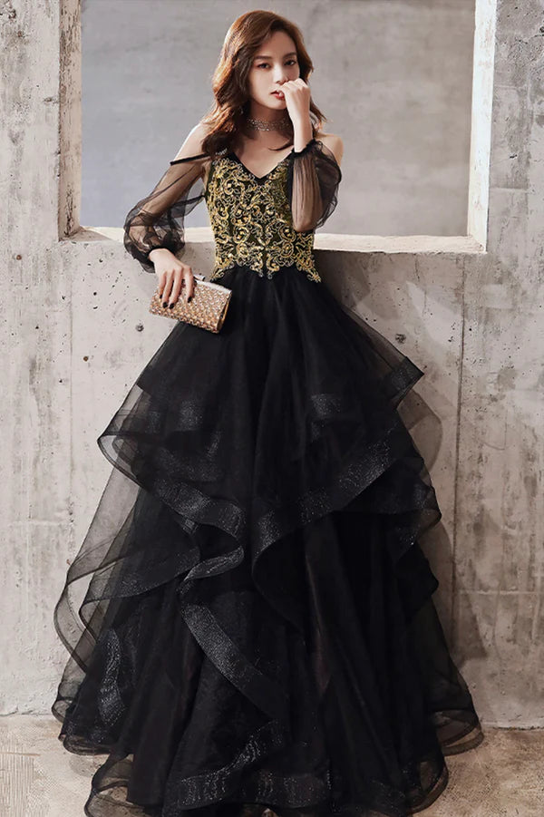 Black Spaghetti Strap Lace Long Prom Dress Black Evening Graduation Dress