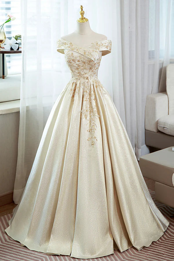 Champagne Satin Long Prom Dress with Beaded V-Neck Evening Party Dress