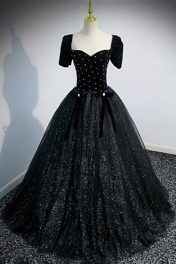 Black Velvet Tulle Long Ball Gown Black A-Line Formal Evening Gown