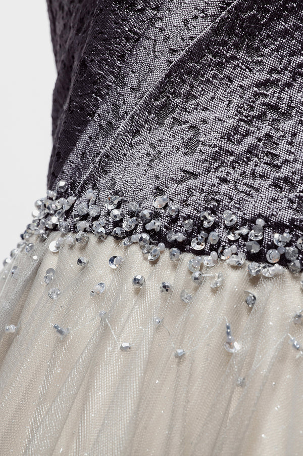 Gray Tulle Long A-Line Prom Dress V-Neck Spaghetti Straps Evening Dress