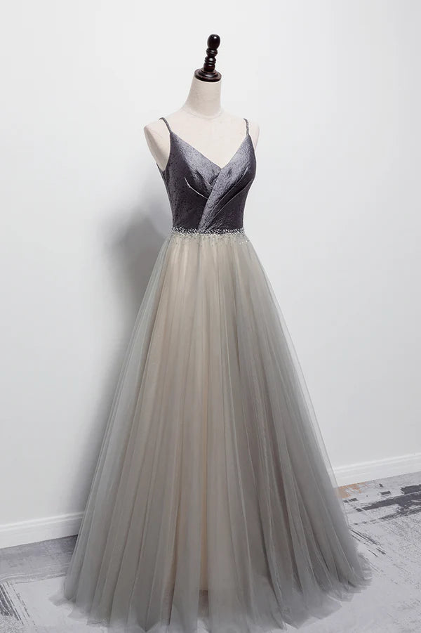 Gray Tulle Long A-Line Prom Dress V-Neck Spaghetti Straps Evening Dress