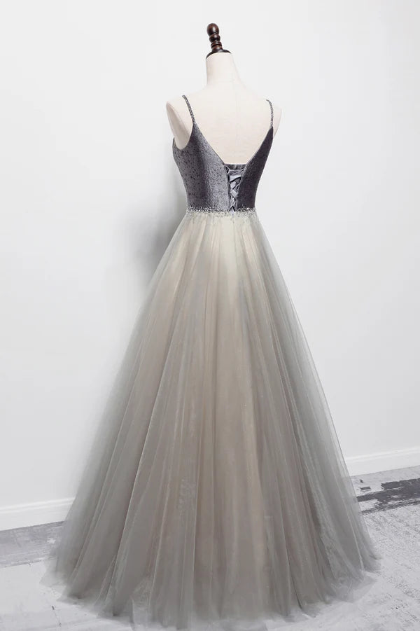 Gray Tulle Long A-Line Prom Dress V-Neck Spaghetti Straps Evening Dress