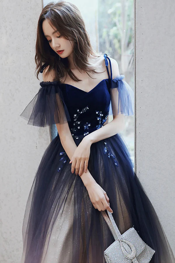 Beautiful Gradient Tulle Long Formal Dress Blue Velvet and Lace Evening Graduation Dress