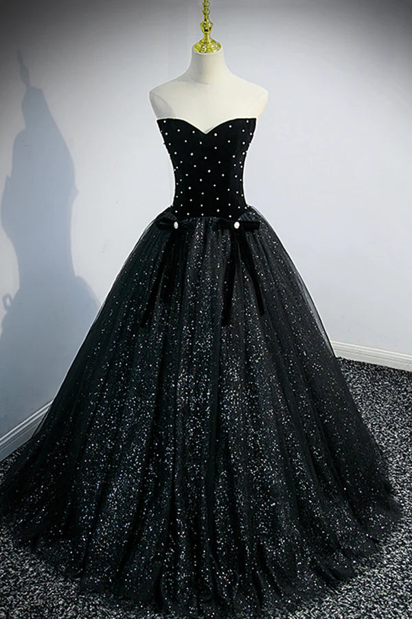 Black Velvet Tulle Long Ball Gown Black A-Line Formal Evening Gown