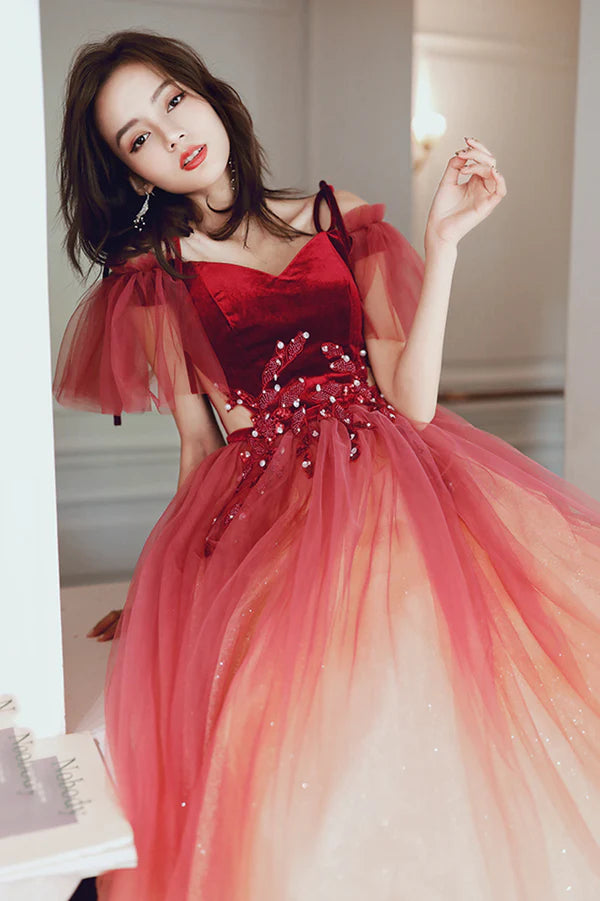 Cute Gradient Tulle Long A-Line Prom Dress Burgundy Off the Shoulder Evening Dress