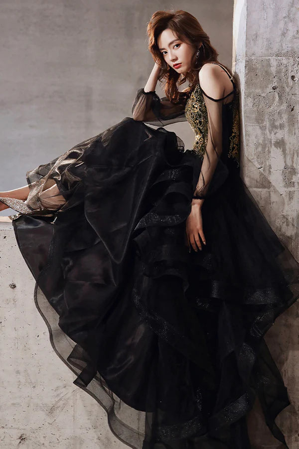 Black Spaghetti Strap Lace Long Prom Dress Black Evening Graduation Dress