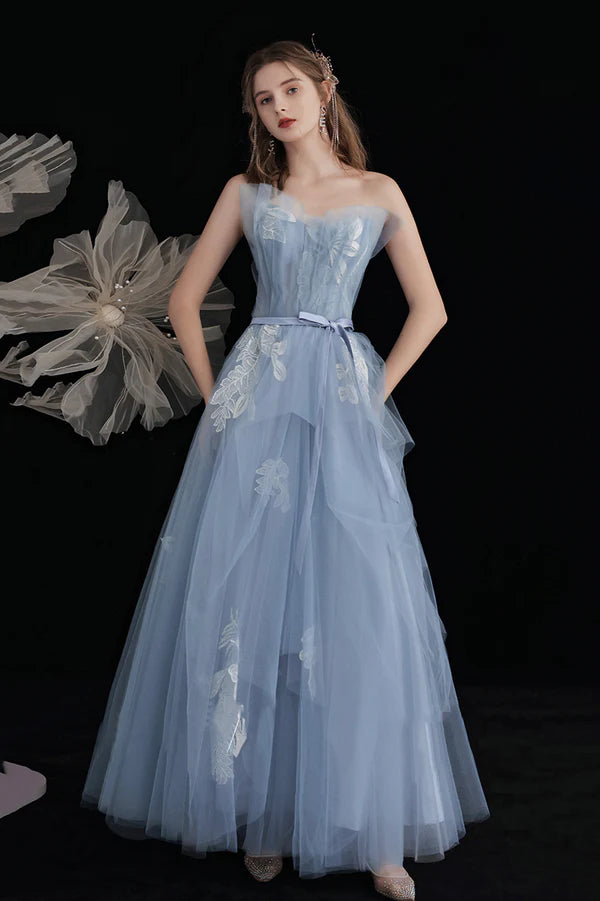 Blue Tulle Long A-Line Prom Dress with Lace Cute Strapless Evening Party Dress