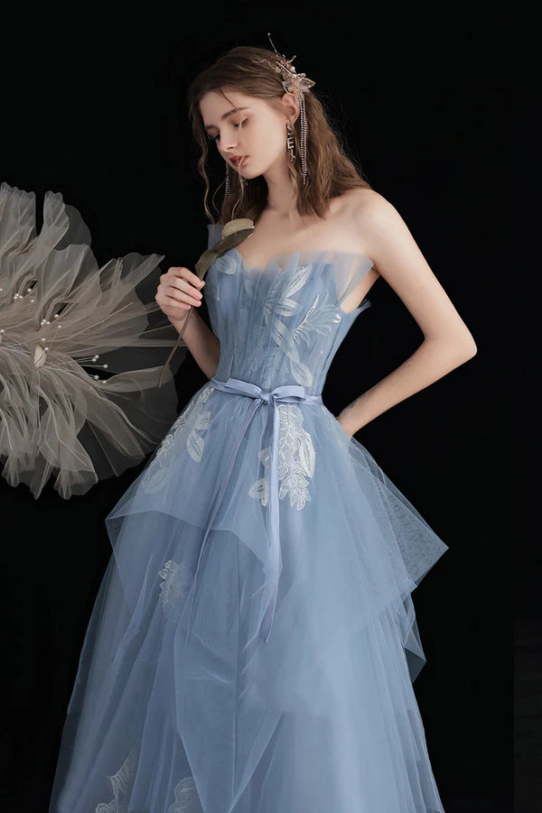 Blue Tulle Long A-Line Prom Dress with Lace Cute Strapless Evening Party Dress