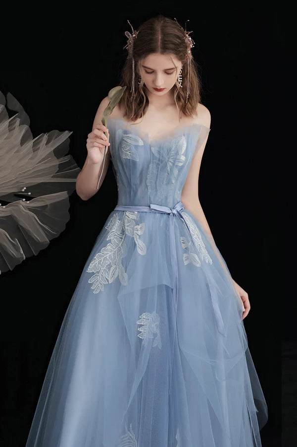 Blue Tulle Long A-Line Prom Dress with Lace Cute Strapless Evening Party Dress