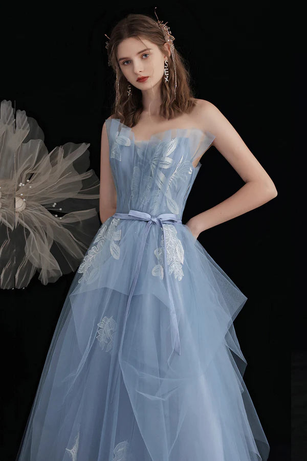 Blue Tulle Long A-Line Prom Dress with Lace Cute Strapless Evening Party Dress