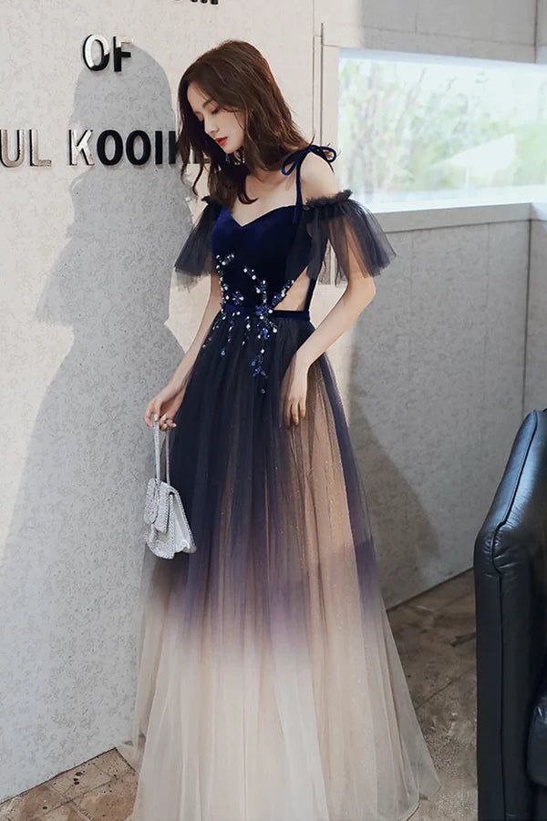 Beautiful Gradient Tulle Long Formal Dress Blue Velvet and Lace Evening Graduation Dress