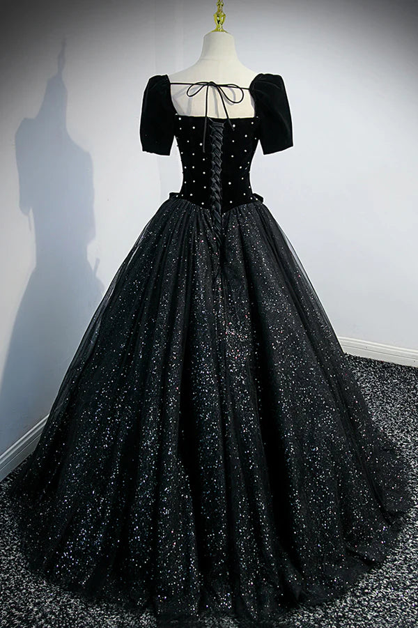 Black Velvet Tulle Long Ball Gown Black A-Line Formal Evening Gown