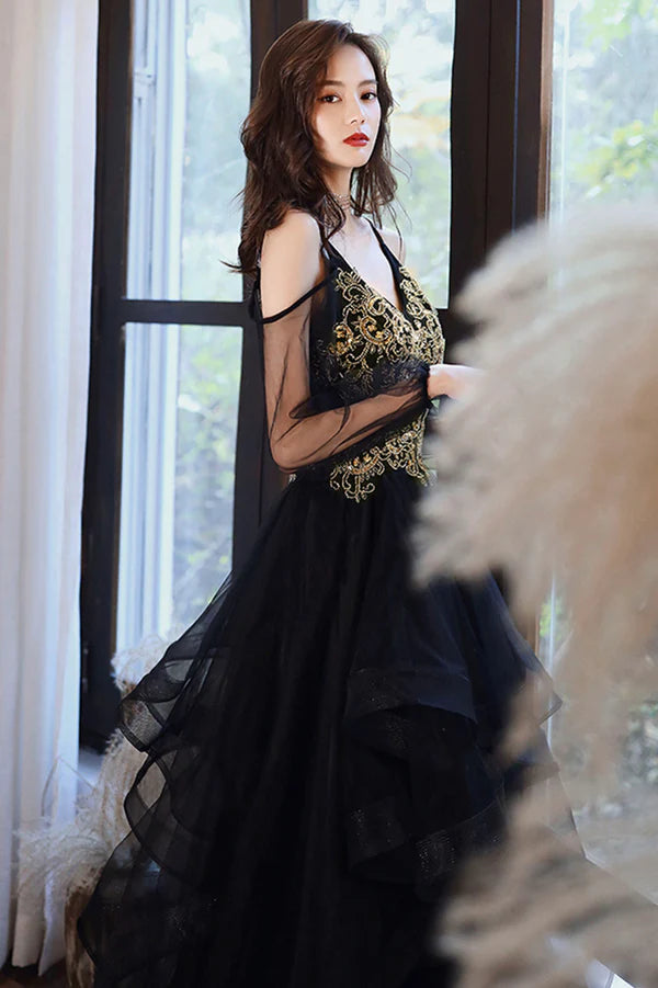 Black Spaghetti Strap Lace Long Prom Dress Black Evening Graduation Dress