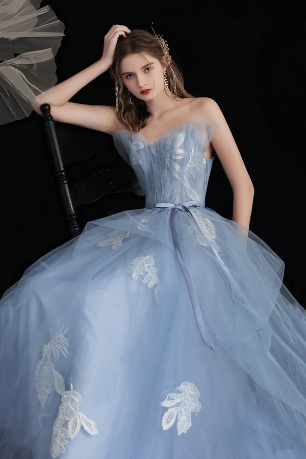 Blue Tulle Long A-Line Prom Dress with Lace Cute Strapless Evening Party Dress