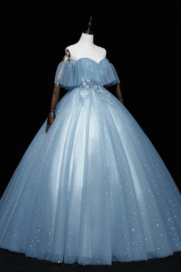 Blue Tulle Lace Long A-Line Ball Gown Off the Shoulder Formal Evening Gown