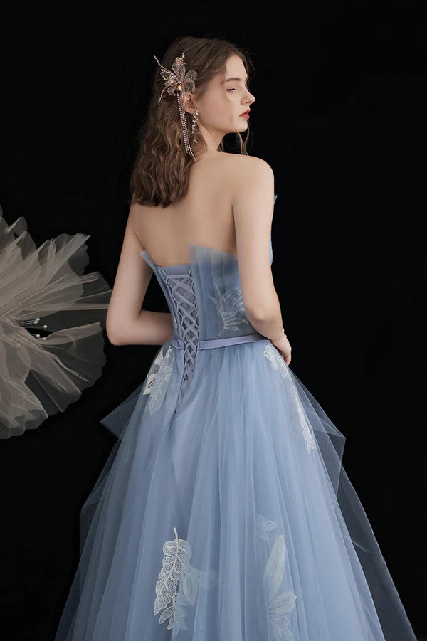 Blue Tulle Long A-Line Prom Dress with Lace Cute Strapless Evening Party Dress