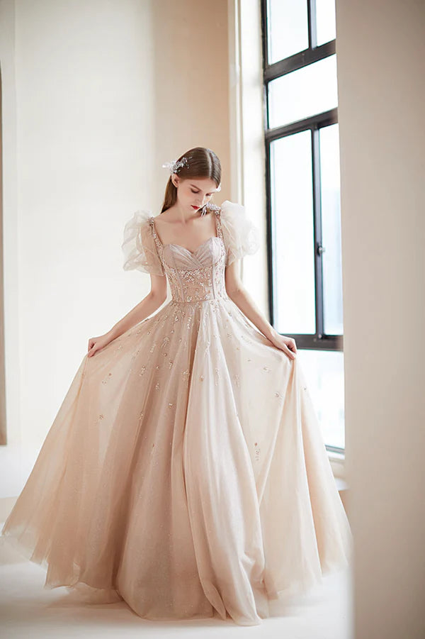Champagne Tulle Long Prom Dress with Beaded Cute A-Line Graduation Dress
