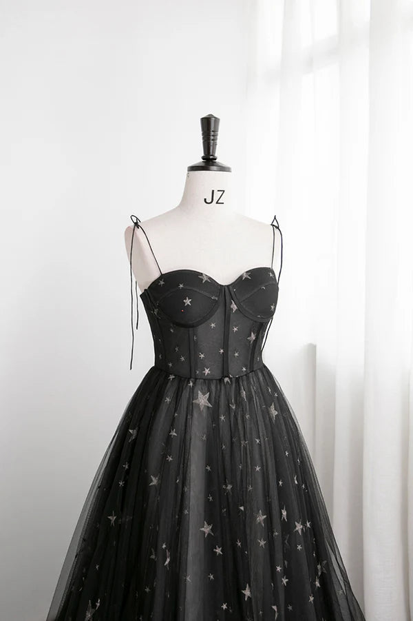 Black Tulle Long Prom Dress with Stars Cute Spaghetti Straps Graduation Dress