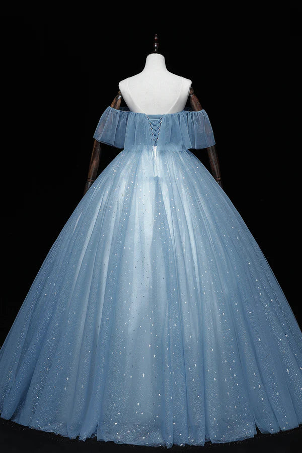 Blue Tulle Lace Long A-Line Ball Gown Off the Shoulder Formal Evening Gown