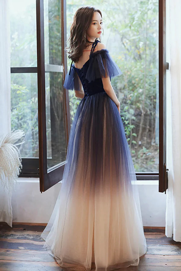 Beautiful Gradient Tulle Long Formal Dress Blue Velvet and Lace Evening Graduation Dress