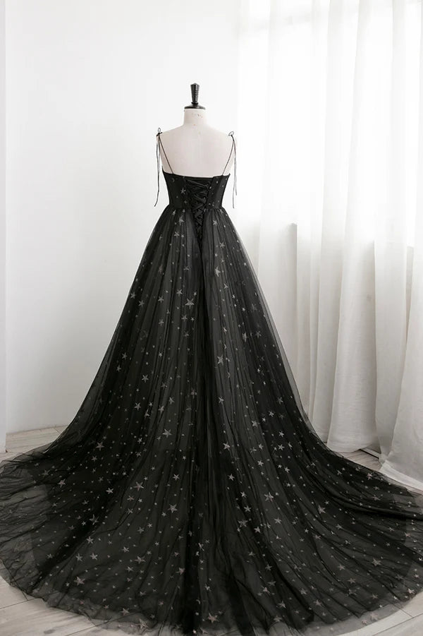 Black Tulle Long Prom Dress with Stars Cute Spaghetti Straps Graduation Dress