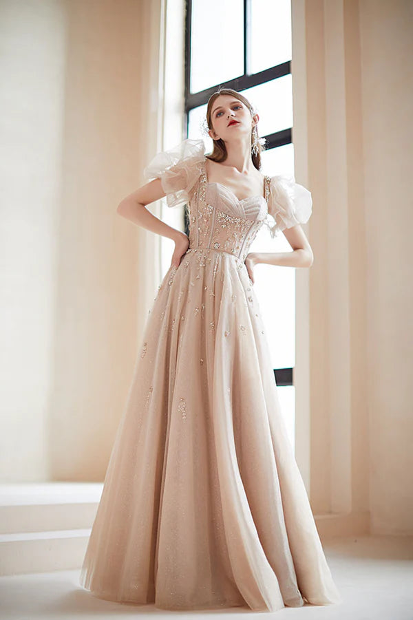 Champagne Tulle Long Prom Dress with Beaded Cute A-Line Graduation Dress