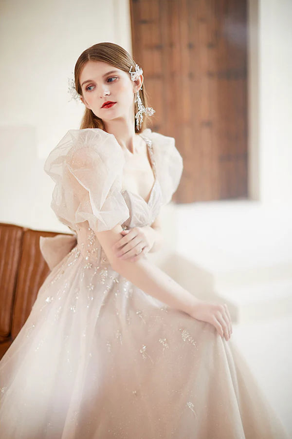 Champagne Tulle Long Prom Dress with Beaded Cute A-Line Graduation Dress