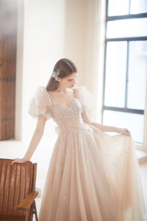 Champagne Tulle Long Prom Dress with Beaded Cute A-Line Graduation Dress