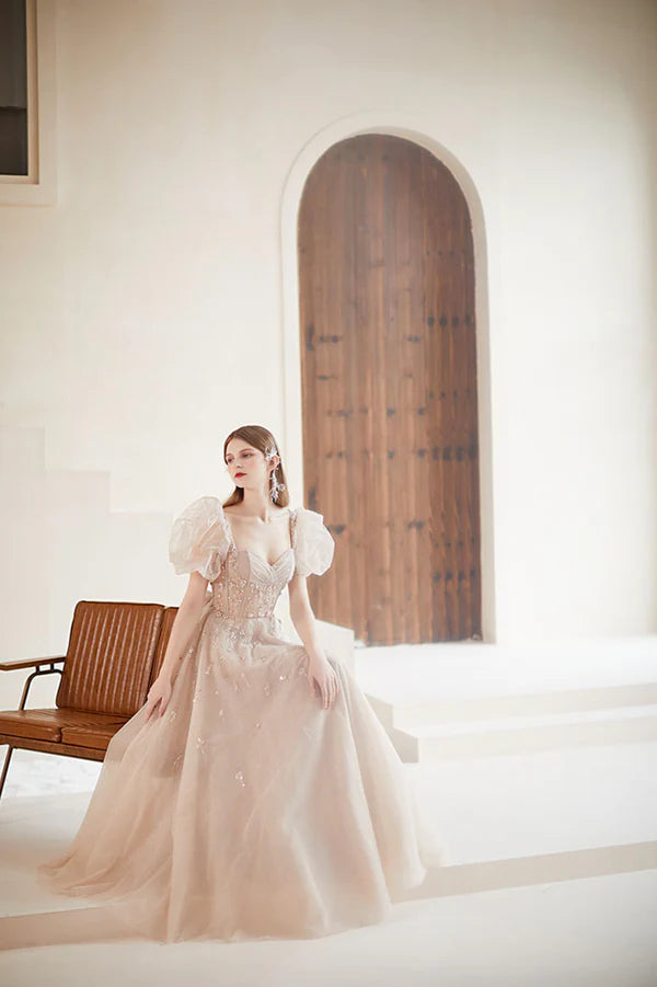 Champagne Tulle Long Prom Dress with Beaded Cute A-Line Graduation Dress