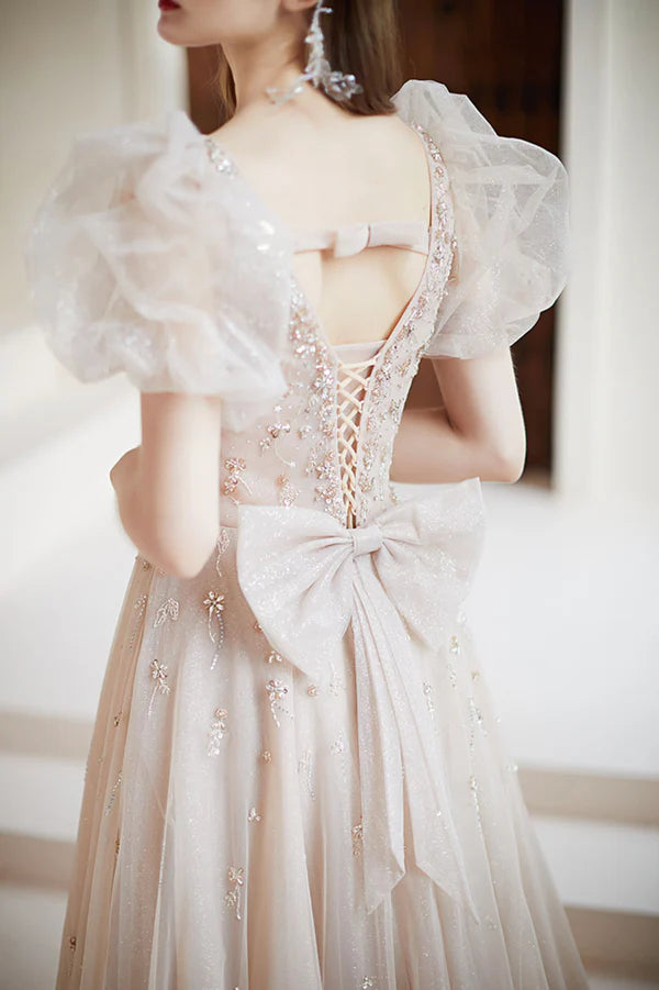 Champagne Tulle Long Prom Dress with Beaded Cute A-Line Graduation Dress