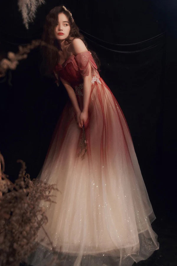 Burgundy Gradient Tulle Long A-Line Prom Dress Off the Shoulder Evening Party Dress