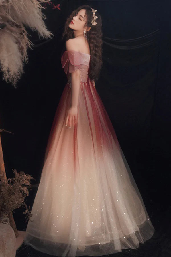 Burgundy Gradient Tulle Long A-Line Prom Dress Off the Shoulder Evening Party Dress