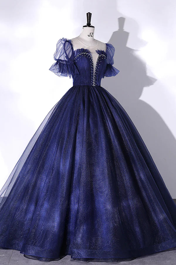 Blue Scoop Neckline Tulle Long Prom Dress A-Line Short Sleeve Evening Gown