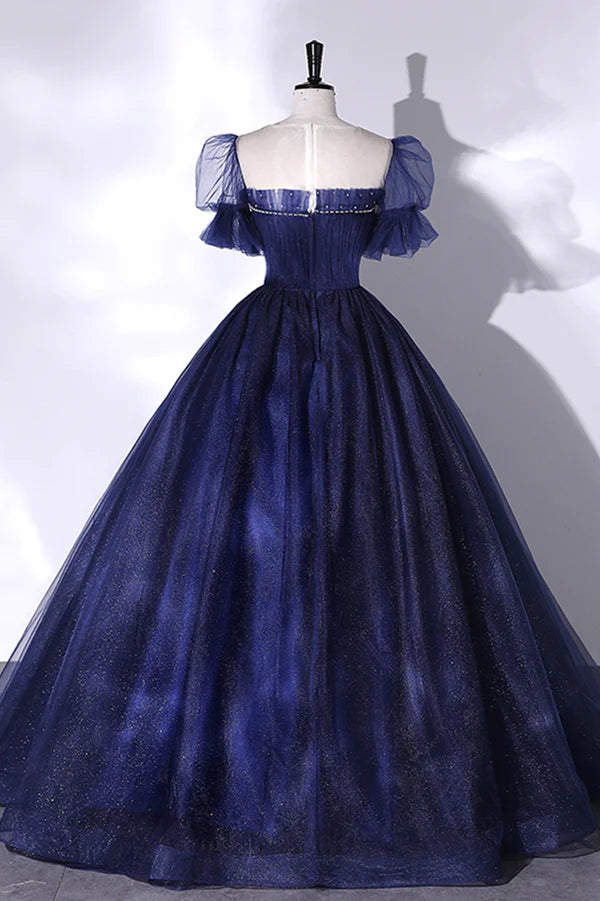 Blue Scoop Neckline Tulle Long Prom Dress A-Line Short Sleeve Evening Gown