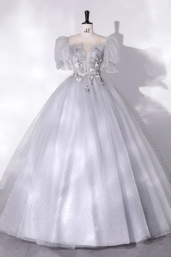 Gray Tulle Long A-Line Ball Gown Gray Short Sleeve Evening Gown