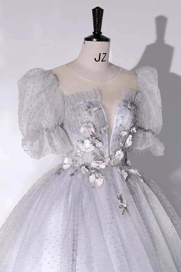 Gray Tulle Long A-Line Ball Gown Gray Short Sleeve Evening Gown