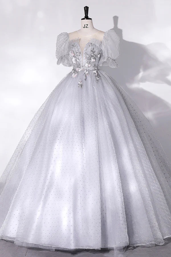 Gray Tulle Long A-Line Ball Gown Gray Short Sleeve Evening Gown
