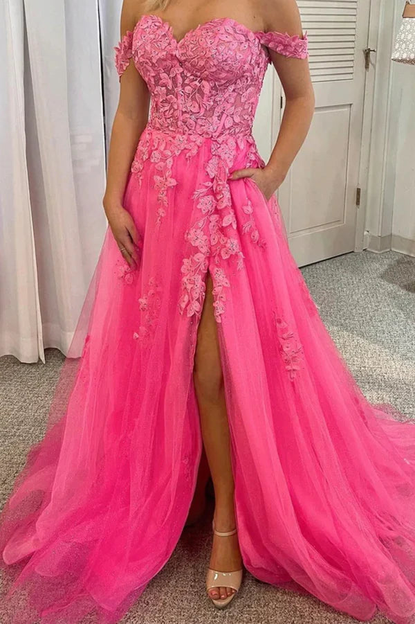 Pink Tulle Off the Shoulder Prom Dress with Lace A-Line Evening Dress with Slit