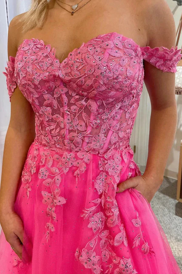 Pink Tulle Off the Shoulder Prom Dress with Lace A-Line Evening Dress with Slit