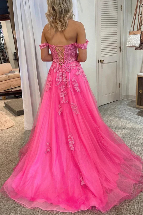 Pink Tulle Off the Shoulder Prom Dress with Lace A-Line Evening Dress with Slit