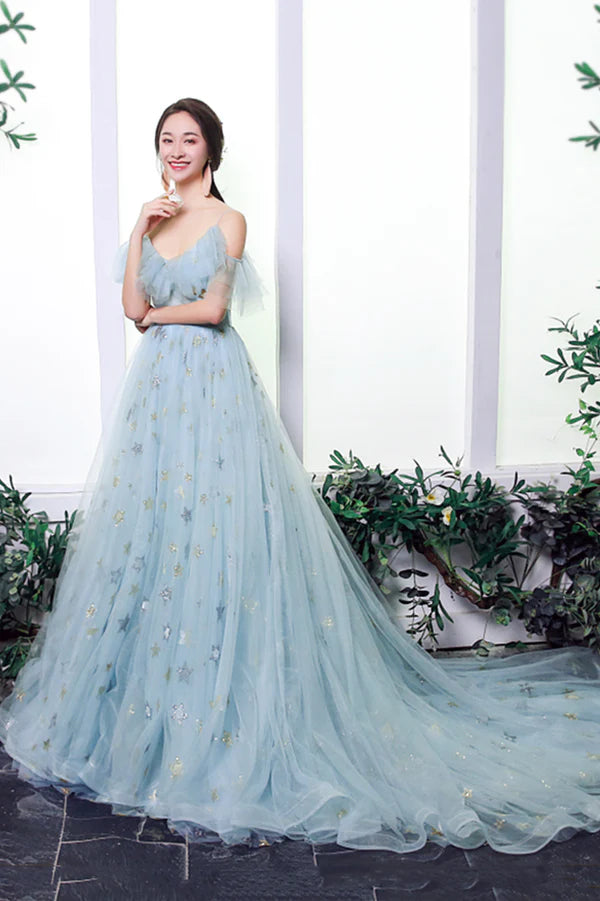 Blue Tulle Long A-Line Prom Dress with Stars Off the Shoulder Evening Party Dress