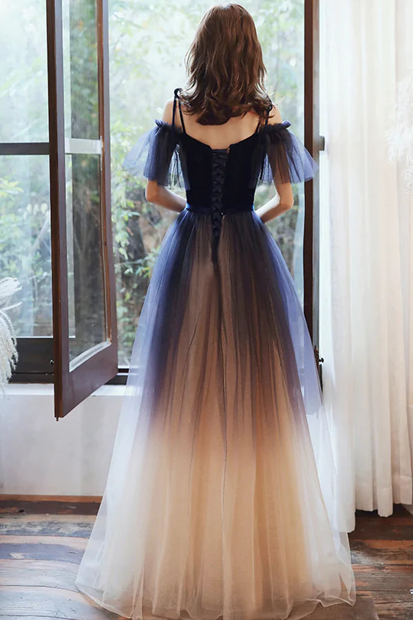Beautiful Gradient Tulle Long Formal Dress Blue Velvet and Lace Evening Graduation Dress