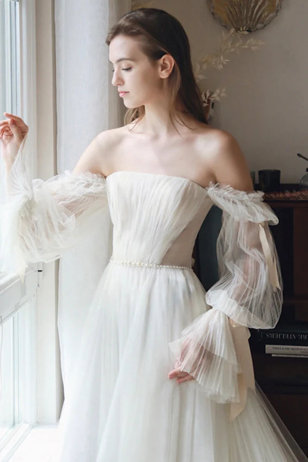 White Chiffon Long Sleeve Prom Dress Off the Shoulder Evening Party Dress