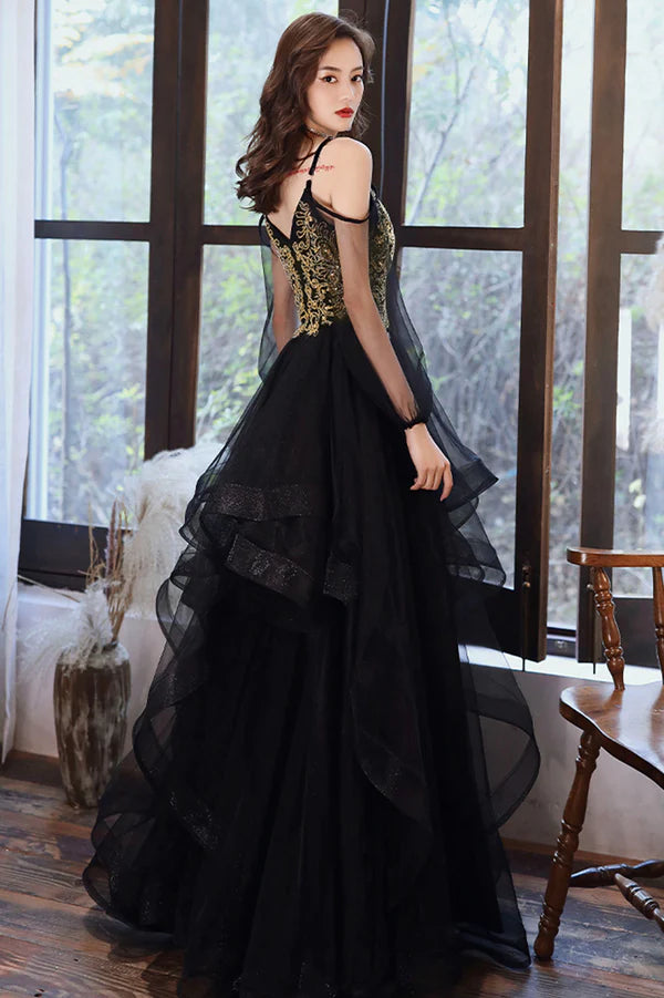 Black Spaghetti Strap Lace Long Prom Dress Black Evening Graduation Dress