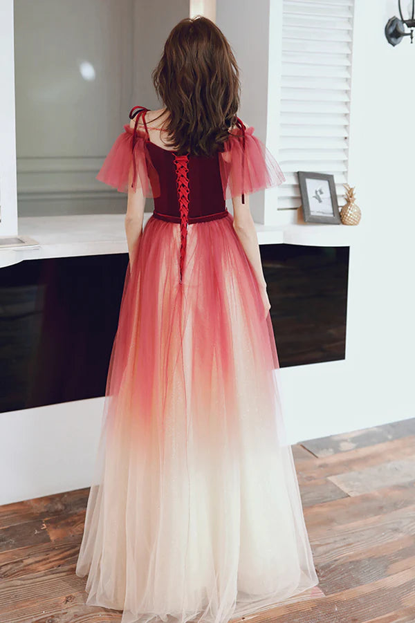 Cute Gradient Tulle Long A-Line Prom Dress Burgundy Off the Shoulder Evening Dress