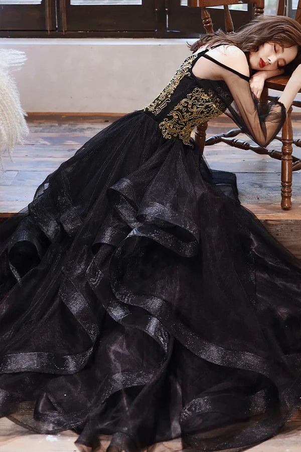 Black Spaghetti Strap Lace Long Prom Dress Black Evening Graduation Dress