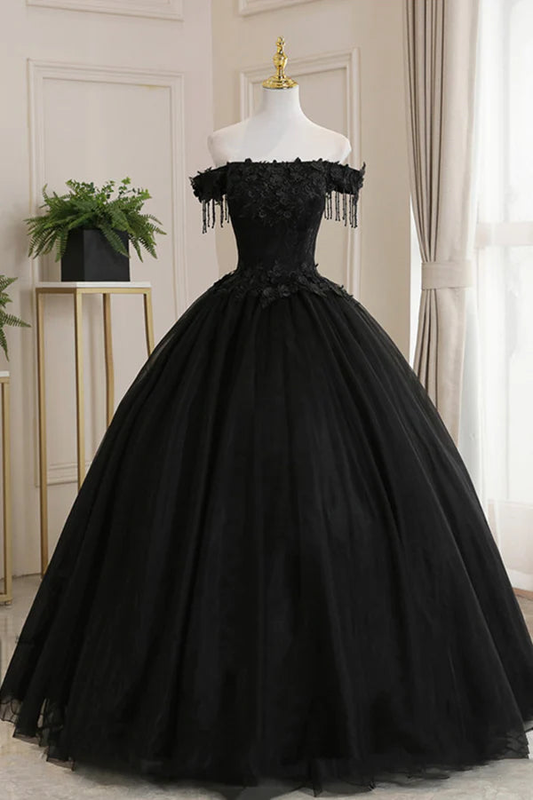 Black Tulle Lace Long Prom Dress Black A-Line Evening Gown