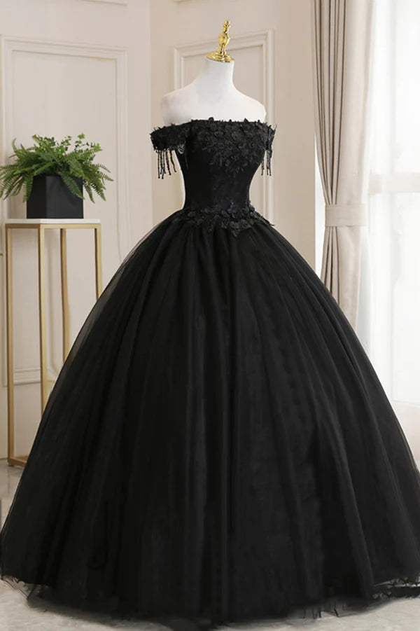 Black Tulle Lace Long Prom Dress Black A-Line Evening Gown