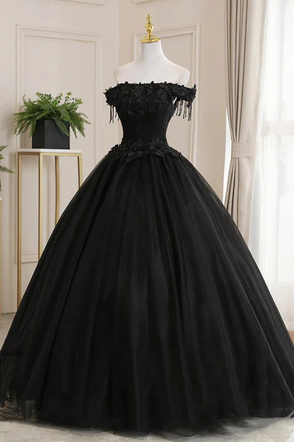 Black Tulle Lace Long Prom Dress Black A-Line Evening Gown